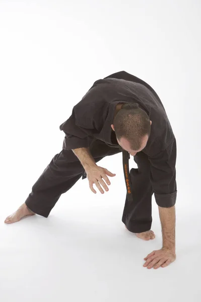 Serious Male Karate Fighter Kimono Training Isolated White Studio Background — Stock Photo, Image