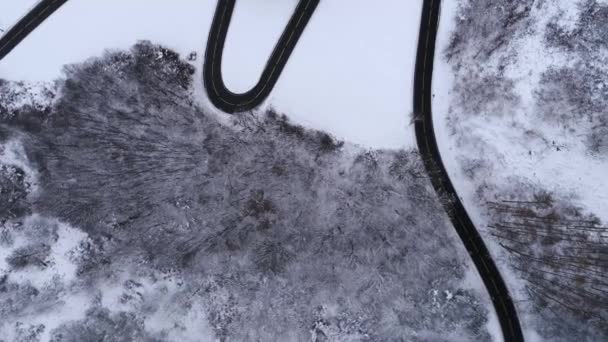 Αεροφωτογραφία Του Ορεινού Δρόμου Στο Δάσος Του Χειμώνα — Αρχείο Βίντεο