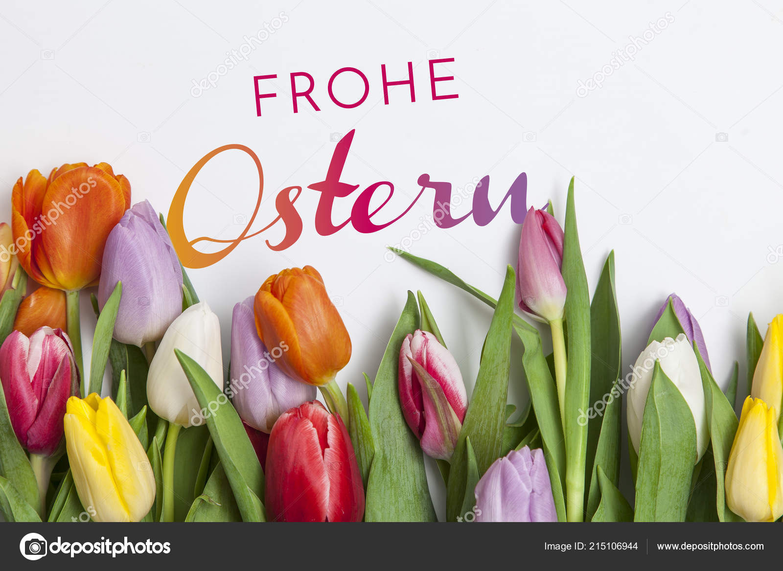 Pile Fresh Colorful Tulips Text Happy Easter German Stock Photo by