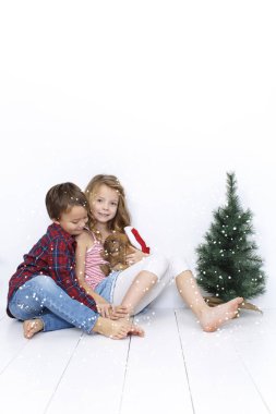 Mutlu Noel ağacının yanında poz tavşan ile güzel kız küçük erkek ve beyaz arka plan üzerinde izole
