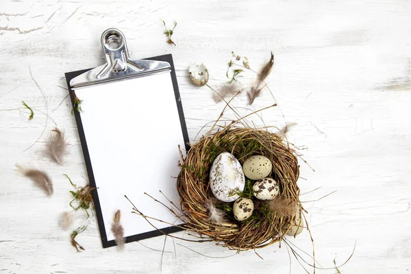 Decoração Páscoa Com Ninho Ovos Com Prancheta Fundo Madeira Conceito — Fotografia de Stock