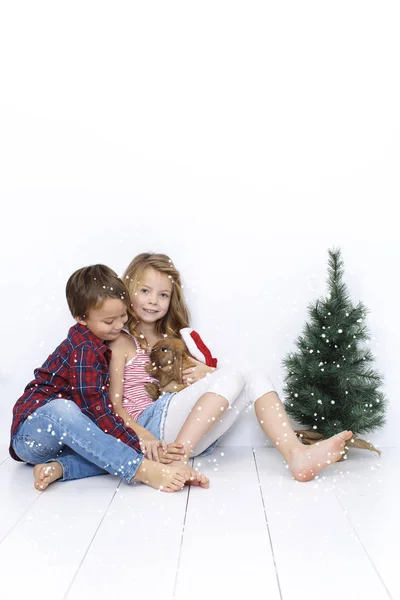 Happy Little Boy Beautiful Girl Rabbit Posing Christmas Tree Isolated — Stock Photo, Image