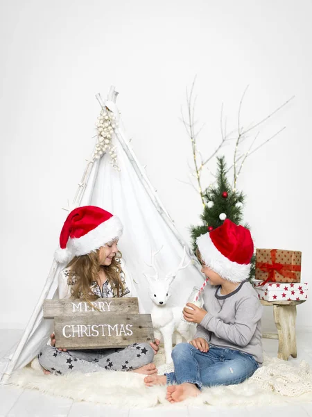 Adorable Little Kids Santa Hats Spending Time Tent Christmas Tree — Stock Photo, Image