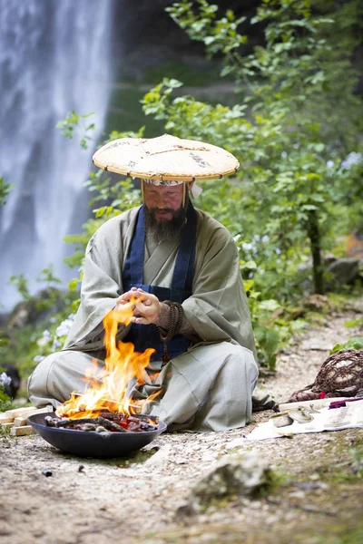 European Man Beard Japanese Robe Making Fire Ceremony Front Great — Stock Photo, Image