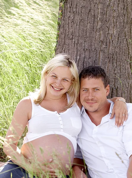 Happy Husband Pregnant Wife Hugging While Sitting Tree Meadow Sunny — Stockfoto