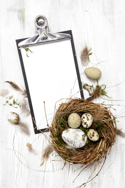 Decoração Páscoa Com Ninho Ovos Com Prancheta Fundo Madeira Conceito — Fotografia de Stock