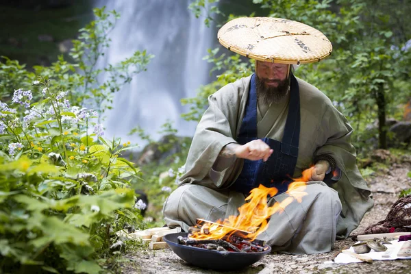 European Man Beard Japanese Robe Making Fire Ceremony Front Great — Stock Photo, Image
