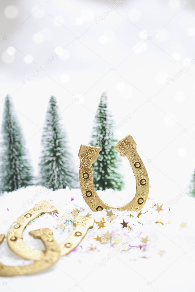 close-up shot of horseshoes on snow with confetti for Christmas background