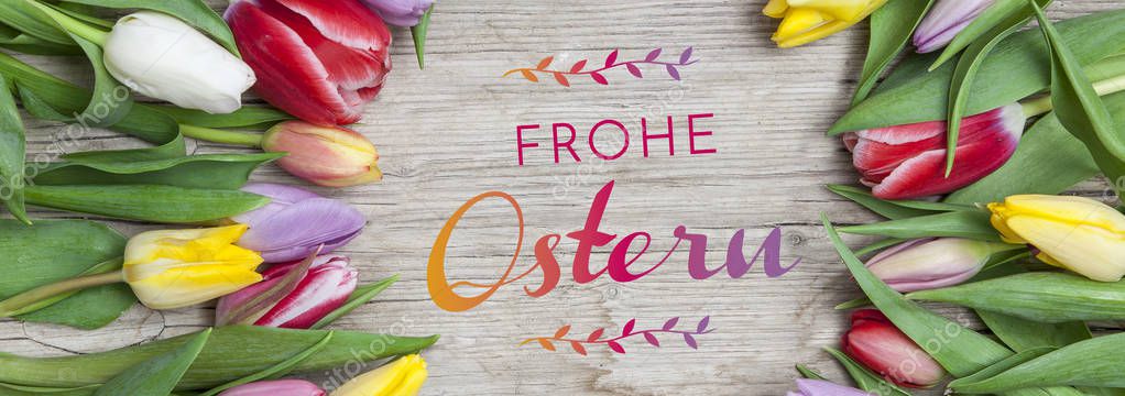 Pile Fresh Colorful Tulips Text Happy Easter German Stock Photo