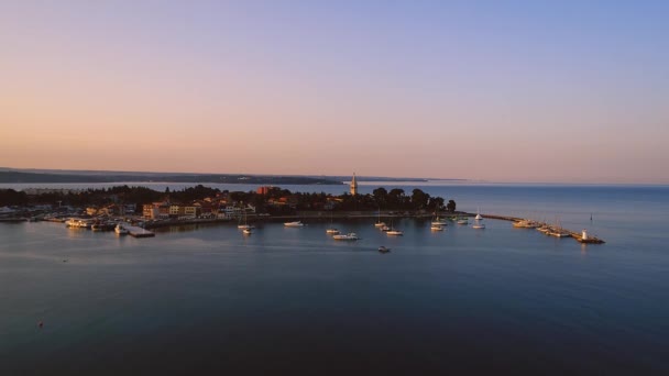 Flygfoto Över Yachter Hamnen Novigrad Vid Soluppgången — Stockvideo