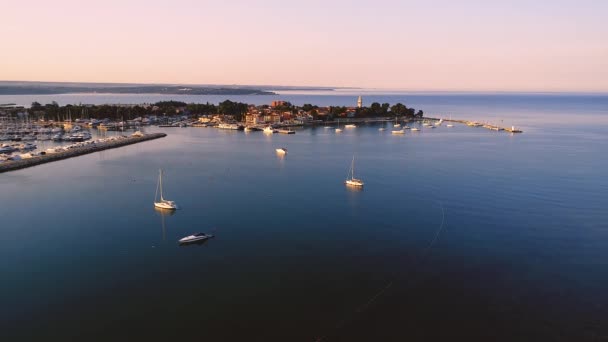 Flygfoto Över Yacht Harbor Novigrad Vid Soluppgången — Stockvideo