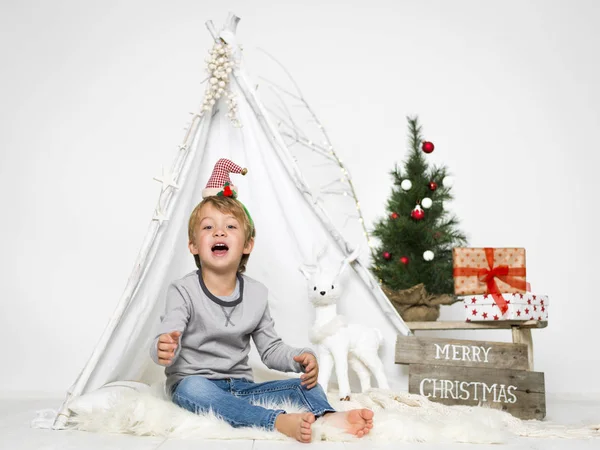 Portrait Adorable Little Boy Christmas Decorations White — Stock Photo, Image