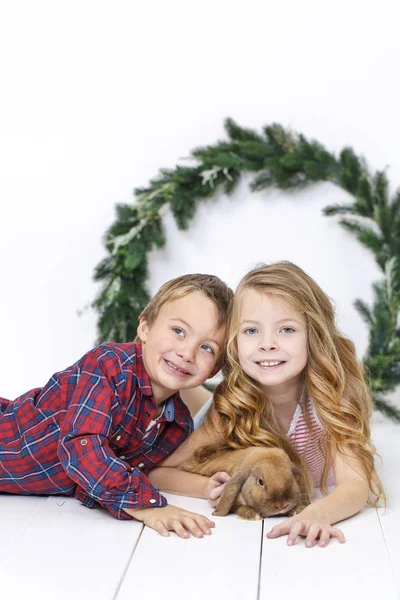 Menino Feliz Menina Bonita Com Coelho Posando Perto Grinalda Natal — Fotografia de Stock