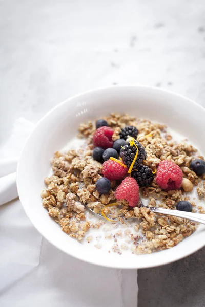 Morning Bowl Muesli Berries Rice Milk Grey Table — Stock Photo, Image