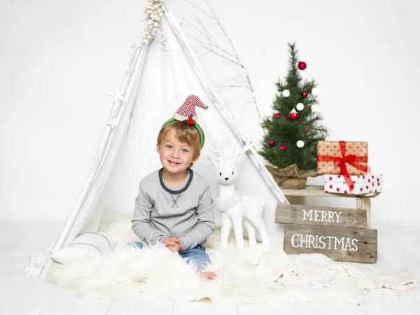 Portrait Adorable Little Boy Christmas Decorations White — Stock Photo, Image