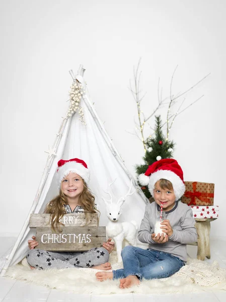 Восхитительные Маленькие Дети Санта Хатах Проводят Время Палатке Возле Елки — стоковое фото