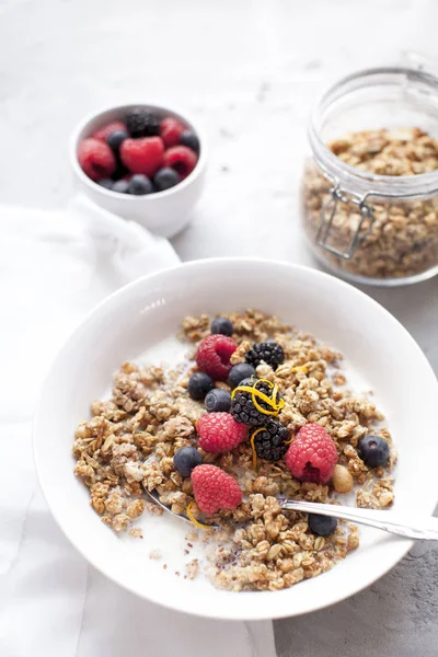 Morning Bowl Muesli Berries Rice Milk Grey Table — Stock Photo, Image