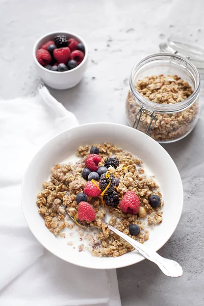 Morning Bowl Muesli Berries Rice Milk Grey Table — Stock Photo, Image
