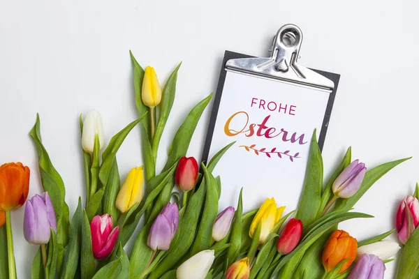 Pile Fresh Colorful Tulips Clipping Board Greeting Easter Card German Stock Photo