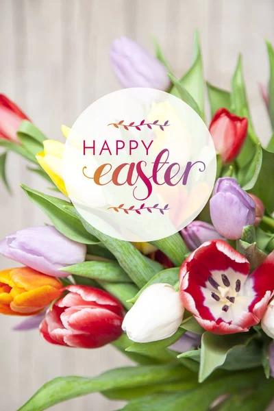 Pile Fresh Colorful Tulips Text Happy Easter Stock Picture