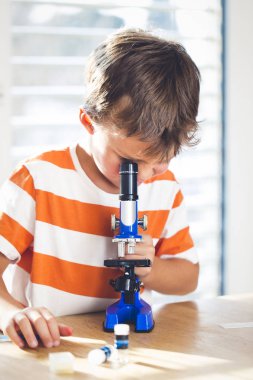 küçük çocuk bilimsel deney yaparken mikroskop arıyor 