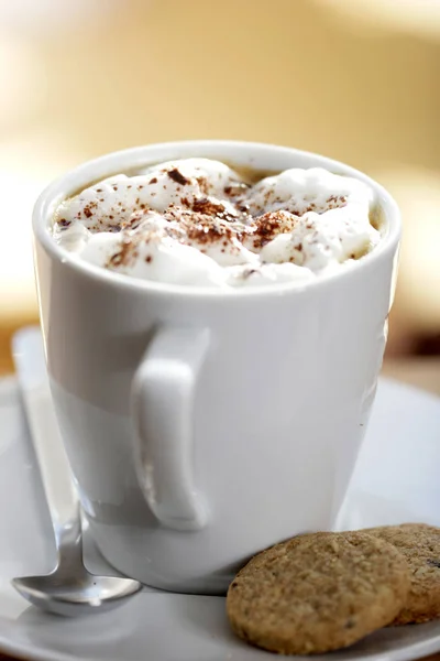 Plaat Met Koekjes Witte Koffiekopje Cappuccino Met Lepel Onscherpe Achtergrond — Stockfoto