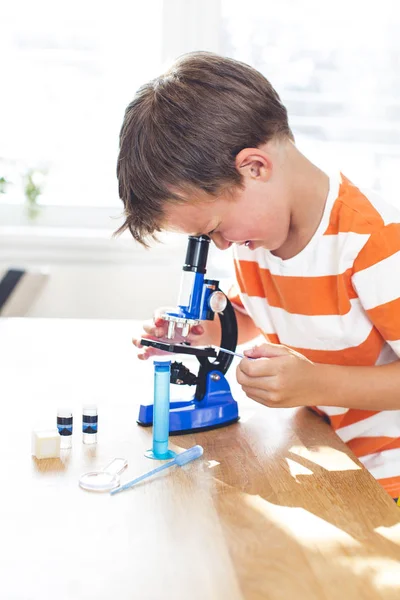 Little Boy Looking Slide Microscope Home — Stock Photo, Image