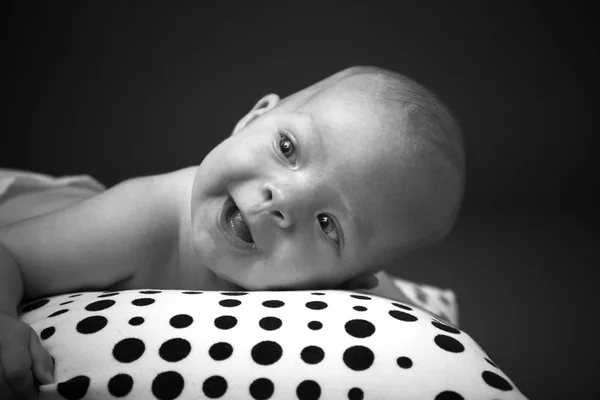 Cute Newborn Lying Dotted Pillow Close — Stock Photo, Image