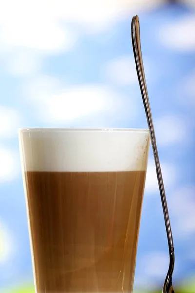 Glass Testy Caffe Latte Blurred Blue Background Close — Stock Photo, Image