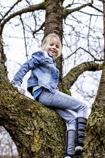 Mooi Meisje Zittend Vertakking Van Beslissingsstructuur Het Voorjaar Park — Stockfoto