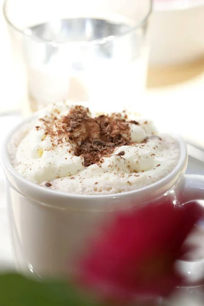 Xícara Café Branco Com Cappuccino Com Canela Cima Close — Fotografia de Stock