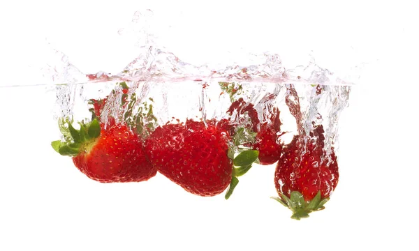 Ripe Red Strawberries Falling Water Close — Stock Photo, Image