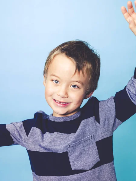 Happy Little Boy Posing Front Blue Background — Stock Photo, Image