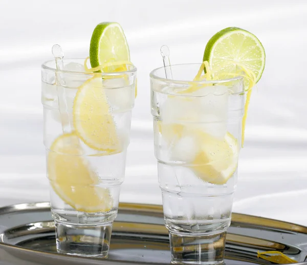 Bebida Fría Verano Con Limón Lima Glasess Bandeja Plata Primer —  Fotos de Stock
