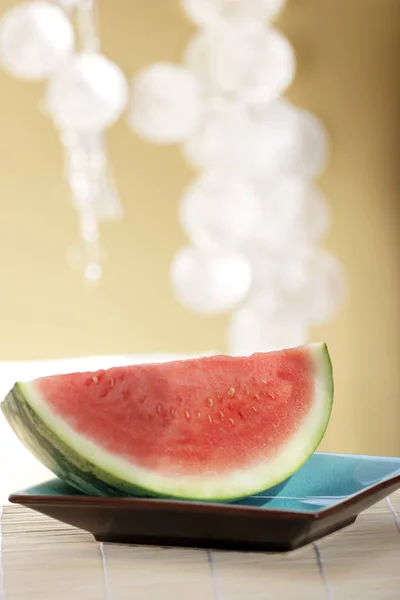 Plate Slice Fresh Ripe Watermelon Blurred Background — Stock Photo, Image