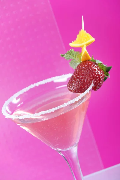 Pink Cocktail Martini Glass Decorating Strawberry Orange Slices Sugar Close — Stock Photo, Image