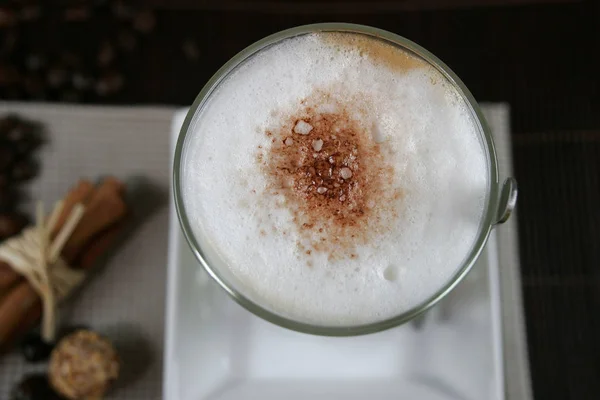 Glass Testy Caffe Latte Saucer Coffee Beans Cinnamon Sticks Table — Stock Photo, Image