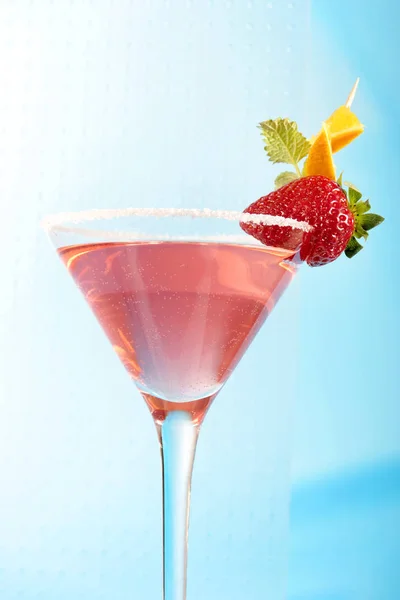 Pink Cocktail Martini Glass Decorating Strawberry Orange Slices Sugar Close — Stock Photo, Image