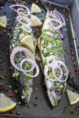 soğan halkaları ve tepsi pişirme üzerinde limon ile balık