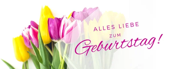 Kartkę Życzeniami Różowe Żółte Tulipany Tekstu Szczęśliwy Urodziny Języku Niemieckim — Zdjęcie stockowe