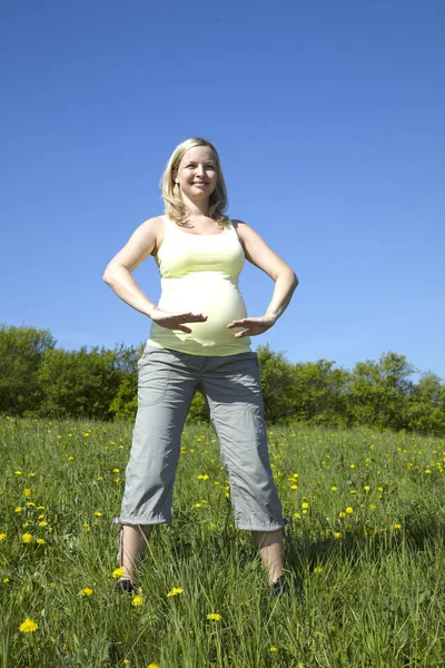 Happy Těhotná Žena Letních Šatech Dělá Jógu Louce Slunečný Den — Stock fotografie