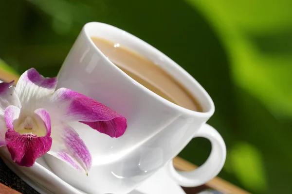 Witte Kopje Koffie Met Bloem Close — Stockfoto