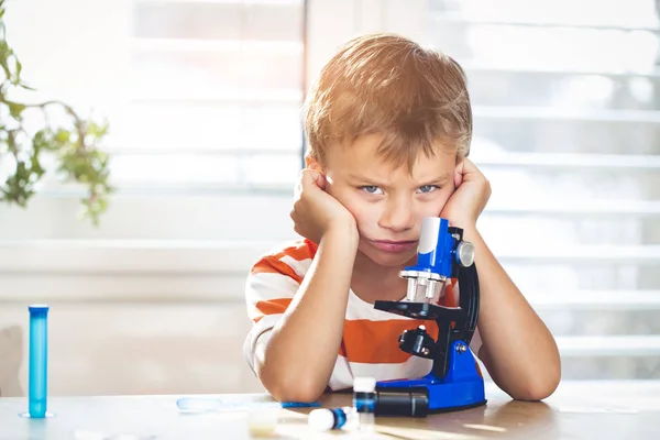 Little Boy Frustrated While Working Microscope Home — Stock Photo, Image