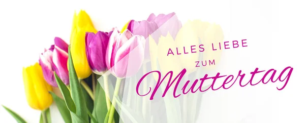 Carte Vœux Avec Tulipes Roses Jaunes Texte Joyeux Anniversaire Allemand — Photo