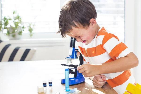 Little Boy Looking Slide Microscope Home — Stock Photo, Image