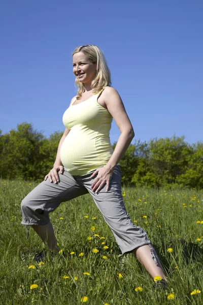 Gelukkig Zwangere Vrouw Zomer Kleding Doet Yoga Weiland Zonnige Dag — Stockfoto