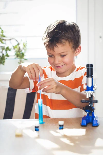 Happy Boy Smiling While Working Microscope Home — Stock Photo, Image