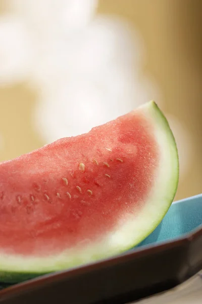 Plate Slice Fresh Ripe Watermelon Blurred Background — Stock Photo, Image