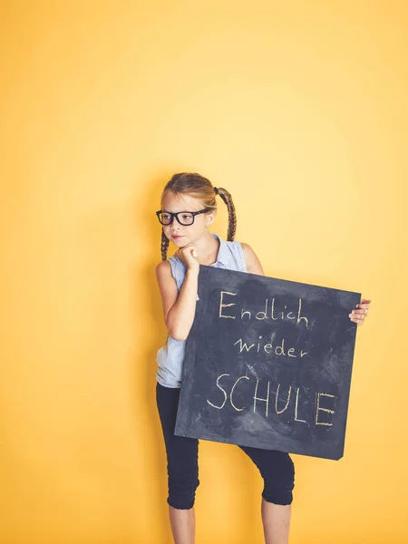 Beautiful Schoolgirl Glasses Holding Blackboard Words Finally School Again German — Stock Photo, Image