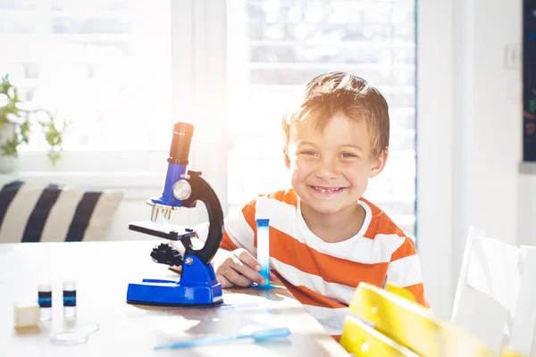 Happy Boy Smiling While Working Microscope Home — Stock Photo, Image